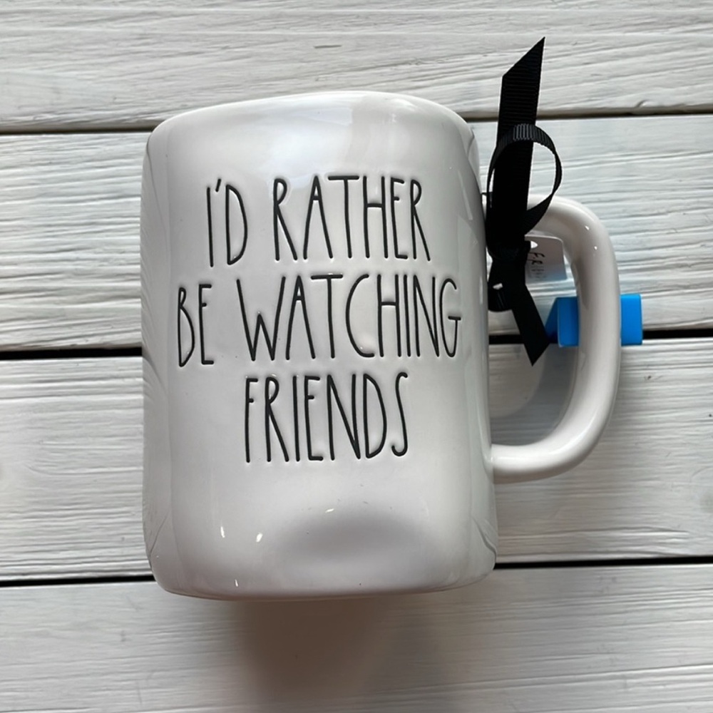 Rae Dunn I'D RATHER BE WATCHING FRIENDS TV Mug Cup Double Sided Yellow Interior